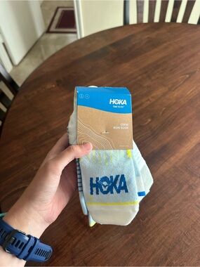 Hoka Women’s Crew Run Socks - White with Blue and Yellow Accents